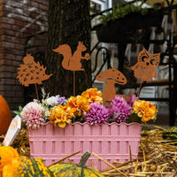 Rustic Metal Garden Stakes - Hedgehog, Owl, Mushroom, Squirrel Decor for Indoor/Outdoor Yards