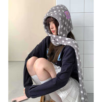 Women's Polka Dot Plush Hooded Scarf with Earflaps - Integrated Winter Warmth