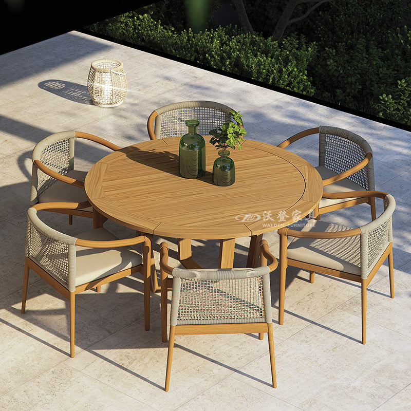 Outdoor Solid Wood Woven Rattan Dining Set for Patio Garden Villa Balcony