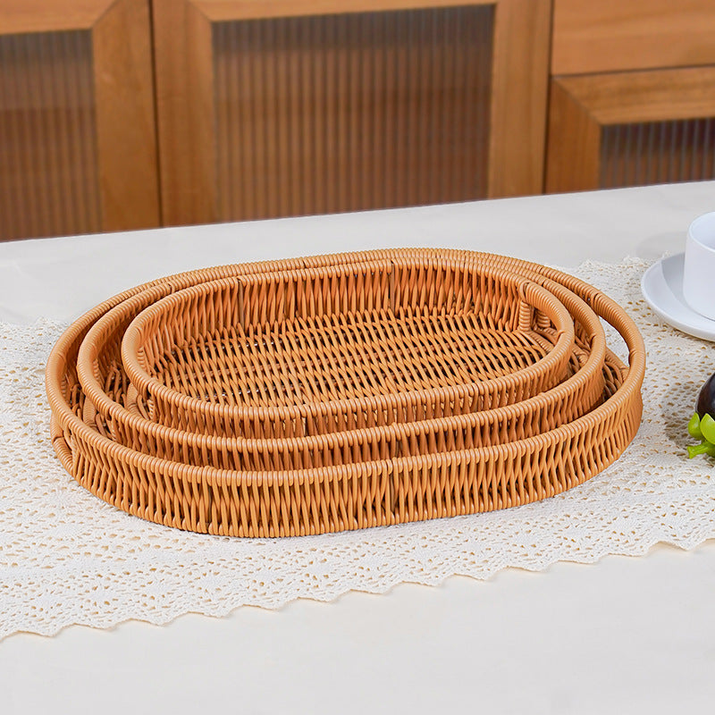 Handwoven Imitation Rattan Plastic Oval Fruit Basket Snack Bread Living Room Storage Display Tray