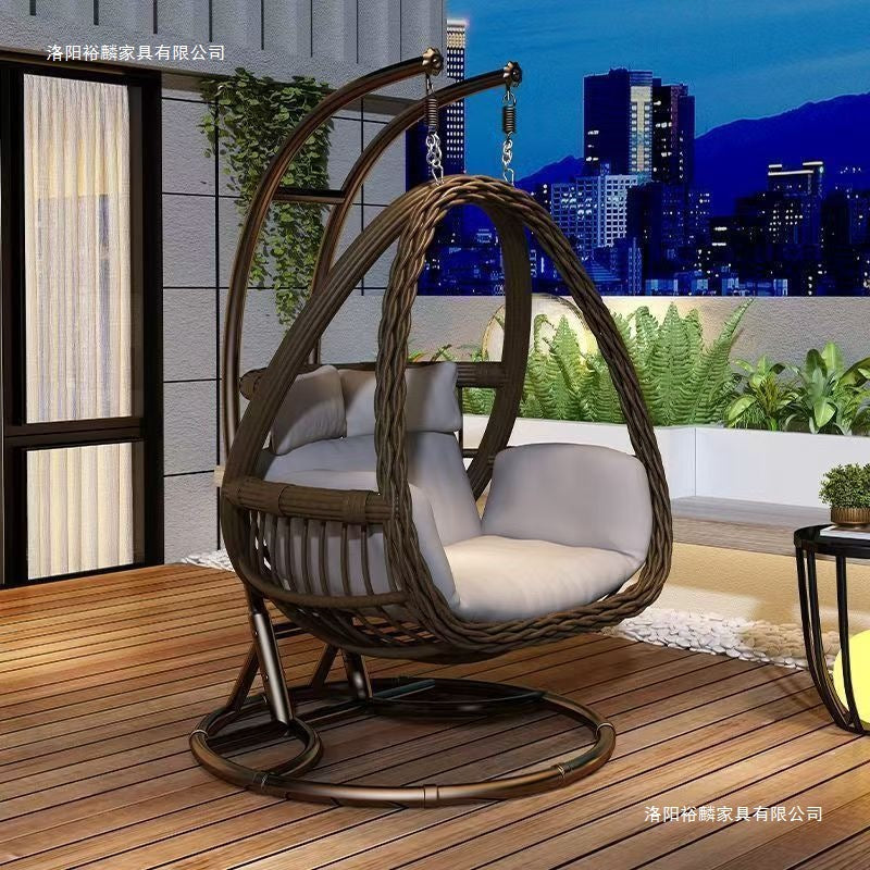 Indoor Outdoor Rattan Wicker Hanging Basket Chair Swing with Stand, Double Hammock Cradle for Patio Yard Balcony