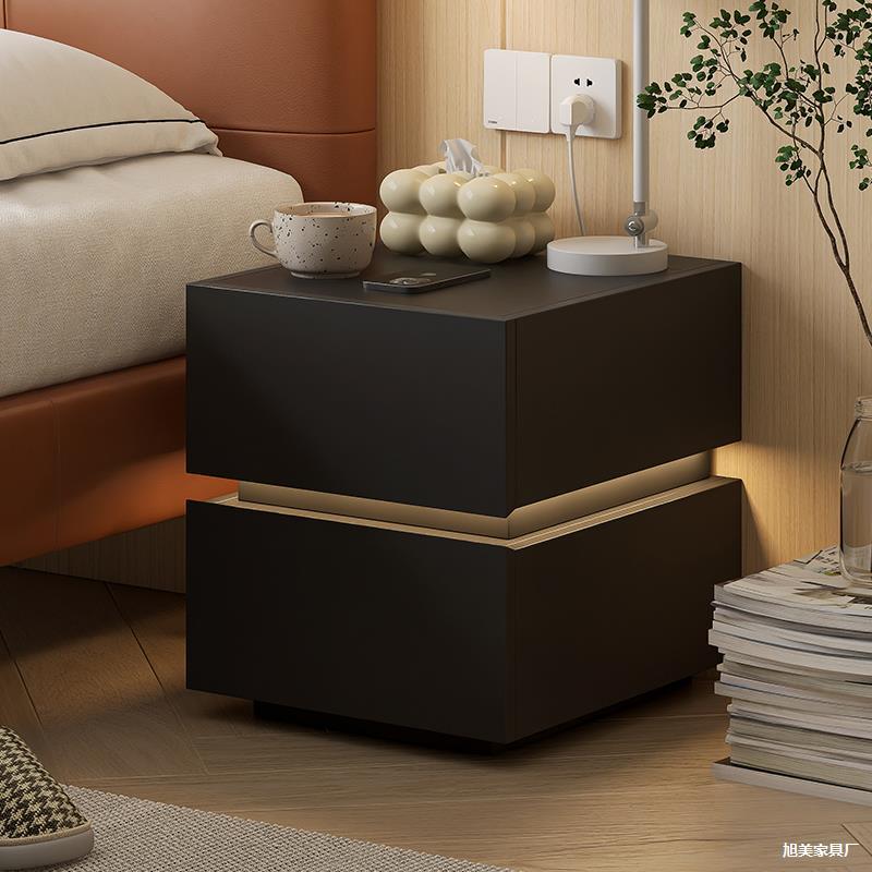 Minimalist Smart Nightstand with Wireless Charging and Ambient Light, 2-Drawer Bedroom Storage Cabinet