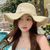 Lace Pearl Bowknot Wide Brim Straw Hat for Women, Summer Beach Vacation Sun Protection