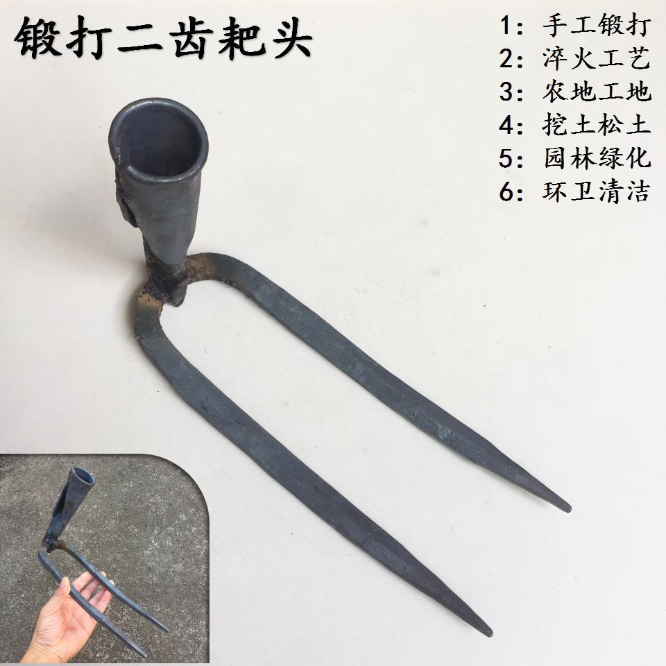 Forged Two-Pronged Hand Rake for Gardening and Soil Cultivation
