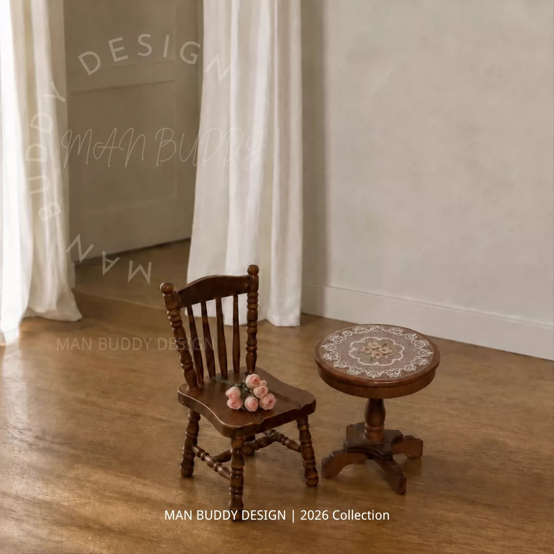 French Lace Wooden Round Table & Windsor Chair Miniature Dollhouse Furniture for OB11 Dolls