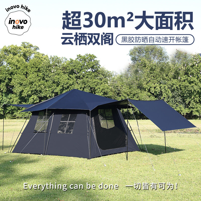 Large Automatic Pop-Up 2-Room 1-Hall Camping Tent with Tailgate Connection and Multi-functional Awning