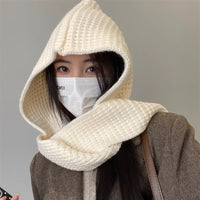Women's Winter Hooded Scarf and Hat Set, Knitted Warm Shawl with Integrated Beanie
