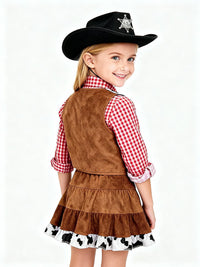 Girls' Western Cowgirl Halloween Costume Set with Plaid Vest and Skirt for Parties and Stage