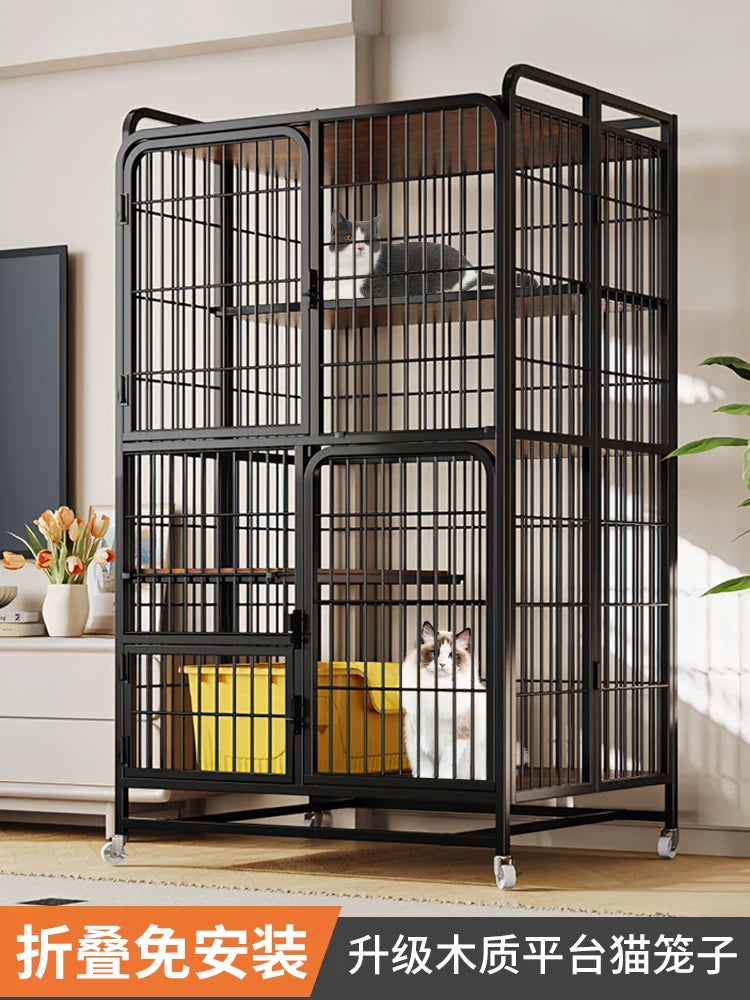 Foldable Indoor Cat Cage Villa with Spacious Multi-Level Design, No-Assembly Style, Includes Litter Box Set