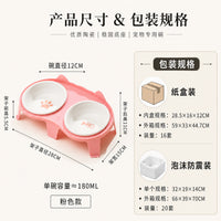 Cartoon Cat Ceramic Double Bowl with Elevated Stand for Food and Water