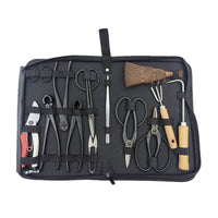 Bonsai Tool Set with Leather Case, Knob Cutter, Pruning Shears, Concave Cutter, Root Hook, Rake, and Bud Shears