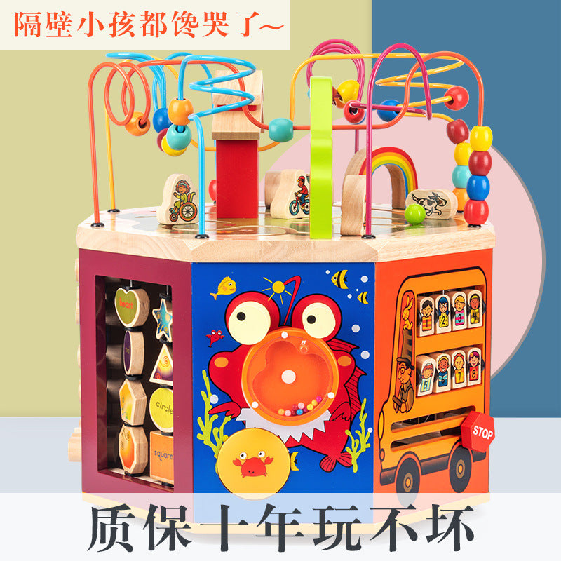 Toddler Activity Cube with Beads and Music, Educational Wooden Toy for Babies 0-3 Years