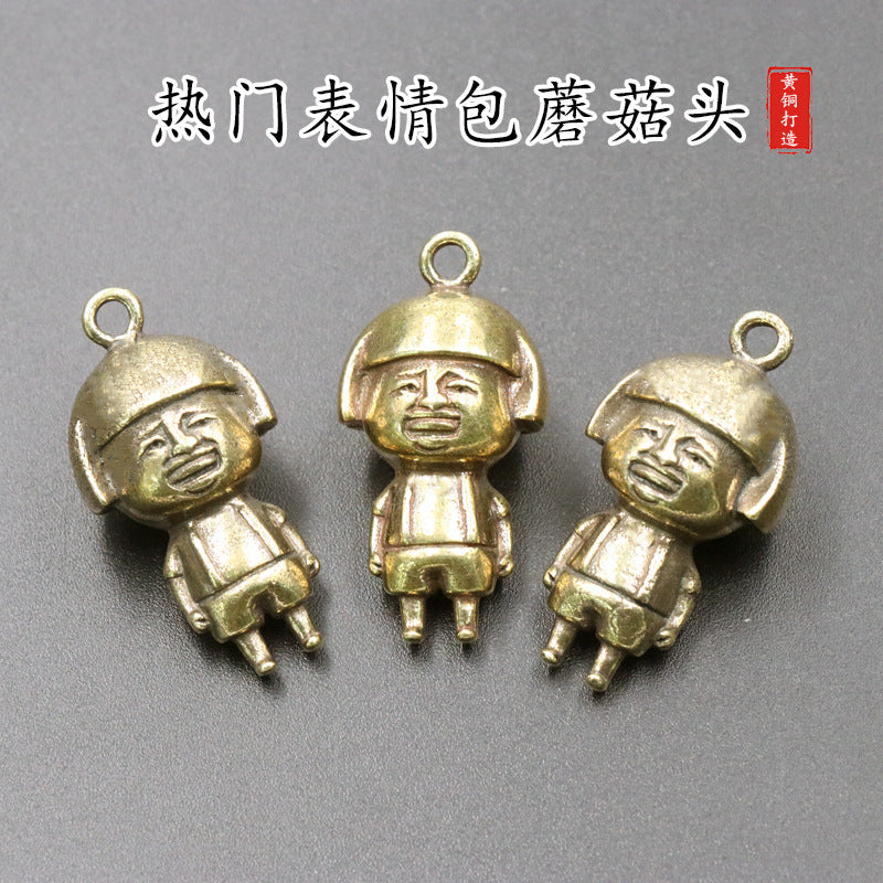 Solid Brass Mushroom Head Emoticon Keychain Pendant