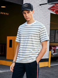Unisex Color Block Stripe Sailor T-Shirt Pure Cotton Short Sleeve Round Neck Loose Top