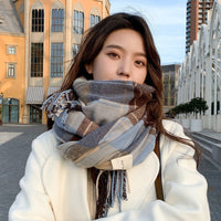 Korean Style Plaid Scarf for Women, Thickened Warm Imitation Cashmere Shawl with Tassels