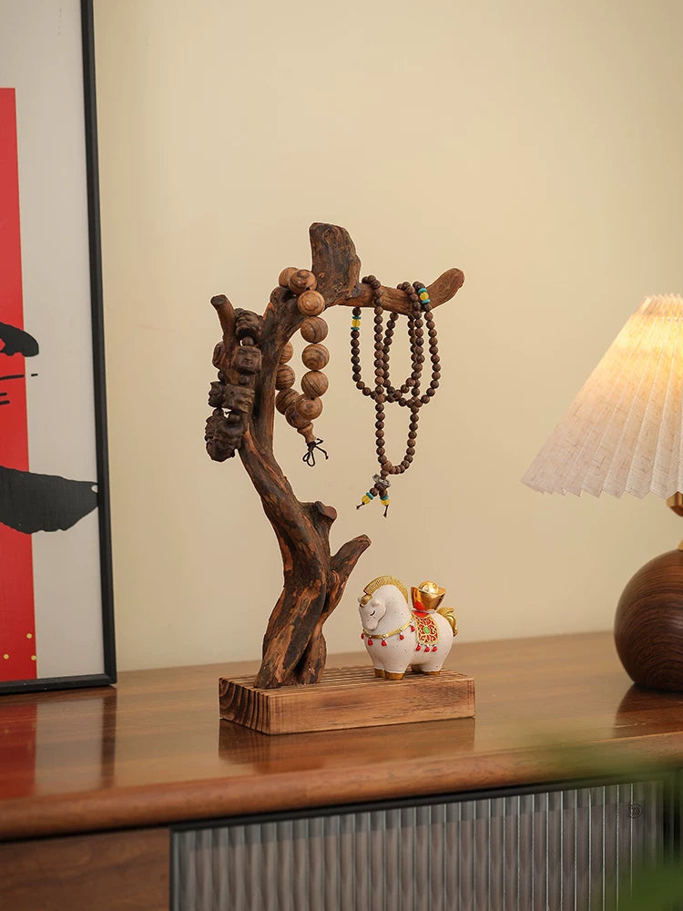 Solid Wood Bracelet & Key Holder with Monk Figurine, Jewelry Display Stand