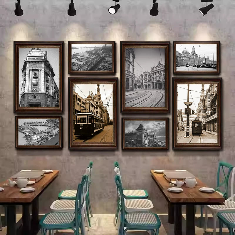 Old Shanghai Bund Street Scene Black and White Retro Photo Wall Art