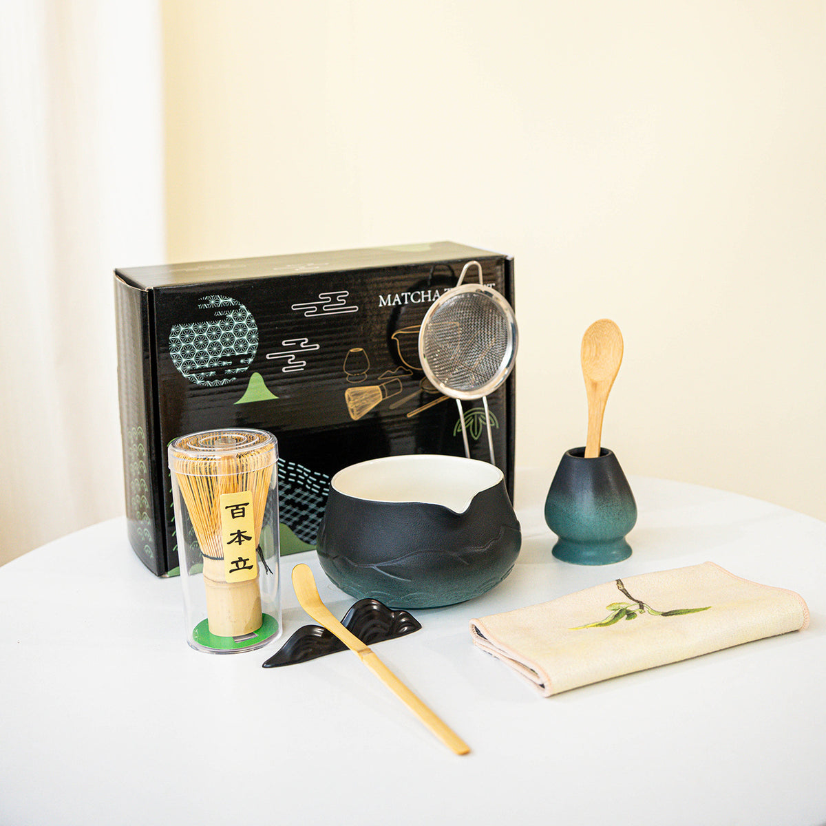 Japanese Style Ceramic Matcha Tea Set with Mountain and Water Pattern Bowl