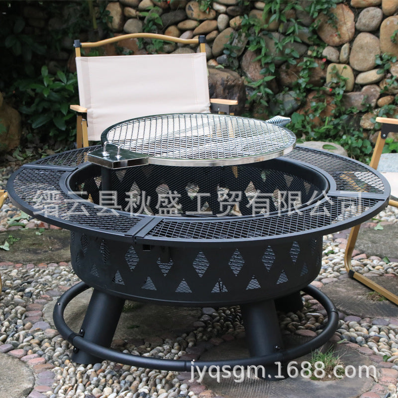 Outdoor Rotating Grill Fire Pit with Adjustable Grate for Patio Bonfire and BBQ