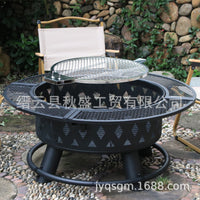 Outdoor Rotating Grill Fire Pit with Adjustable Grate for Patio Bonfire and BBQ