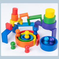 Wooden Rainbow Stacking Blocks Set with Peg Dolls for Kids, Educational Creative Building Toy