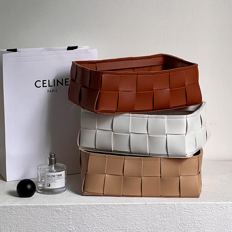 Minimalist Faux Leather Woven Storage Basket for Keys, Cosmetics, and Desktop Organization