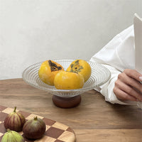 Square Grid Wooden Base Glass Fruit Bowl for Living Room Coffee Table, Decorative Fish Tank, Snack Plate, Fruit Basket