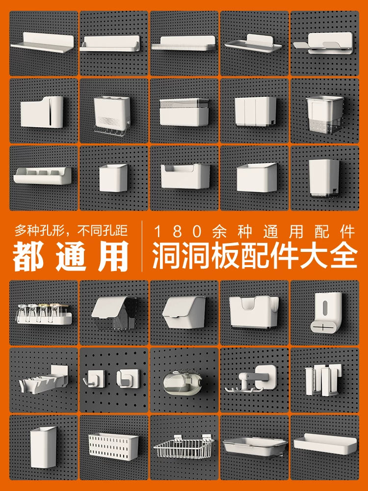 Pegboard Accessories Kit - No-Drill Wall Mount Storage Bins, Baskets, Hooks, and Shelves for Round Hole Pegboards