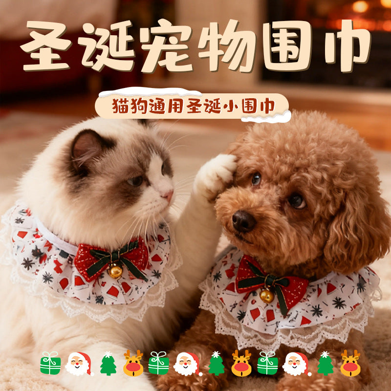 Christmas Lace Pet Collar with Bell for Cats and Small Dogs, Floral Ribbon Bowtie Scarf