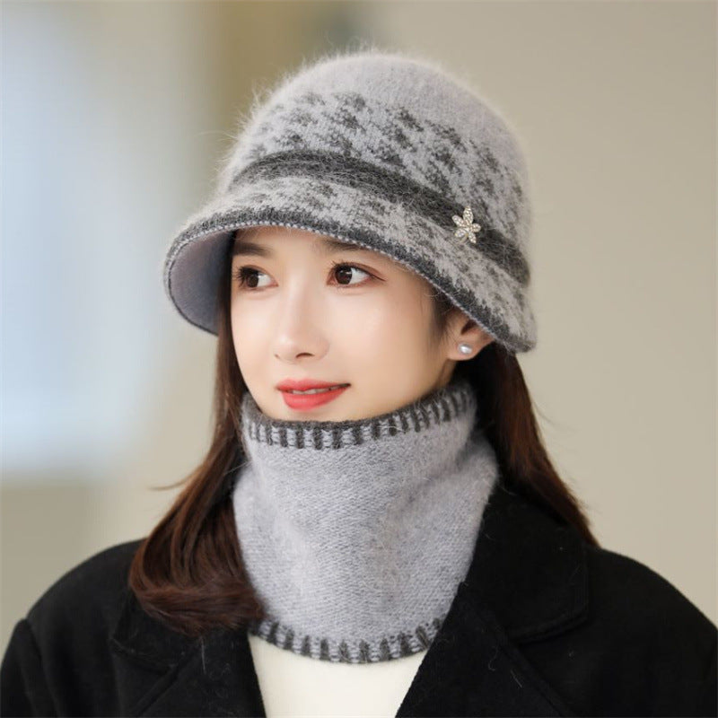 Women's Winter Faux Rabbit Fur Hat and Scarf Set for Elderly, Plush Lined Warm Beanie with Neck Warmer