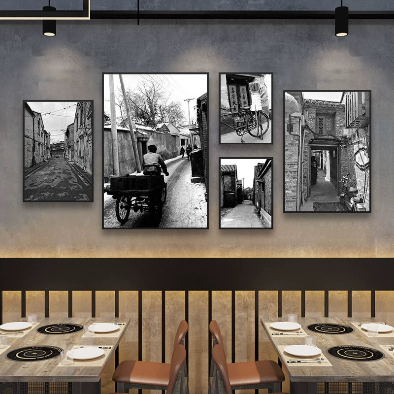 Old Beijing Hutong Street Scene Decorative Painting Shanghai 70s 80s Photo Retro Nostalgic Restaurant Hanging Black and White Mural