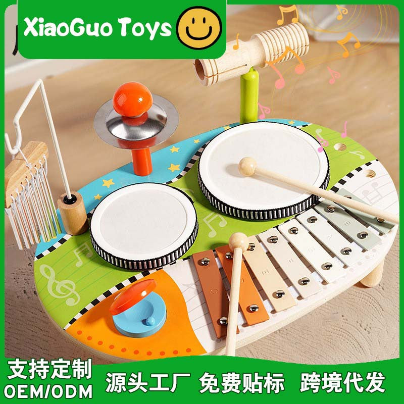 Wooden Early Education Musical Instrument Set for Kids - Multifunctional Drum, Xylophone, Wind Chime Percussion Toy
