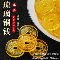 Zibo Liuli Five-Emperor Coin Yellow Crystal Ornament for Car Dashboard