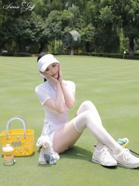 Women's Solid Color Round Neck Short Sleeve Golf T-Shirt and Anti-Exposure Skirt Set
