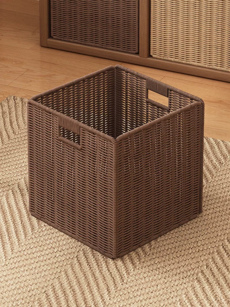 Foldable Woven Storage Basket for Shelves and Cabinets, Rattan-Style Organizer for Snacks, Toys, and Household Items