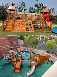 Outdoor Wooden Climbing Frame with Slide, Swing, and Tunnel for Kids