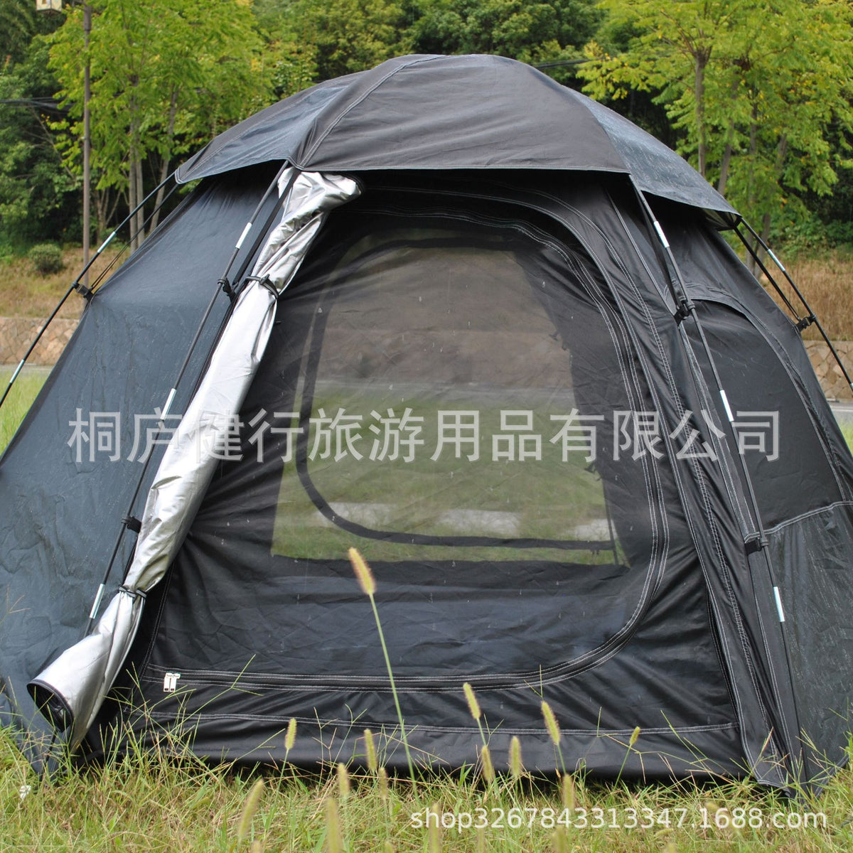 Double-Layer Hexagonal Camping Tent with Silver Coating for 6 People, Waterproof and Sun Protection