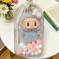 Labubu Figure Display Case PVC Dustproof Protection Bag with Keychain and Plush Ball