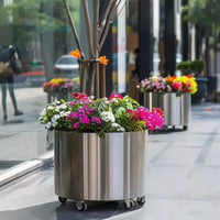 Outdoor Stainless Steel Planter Box with Wheels - Movable Garden Flower Pot, Round/Irregular Shapes