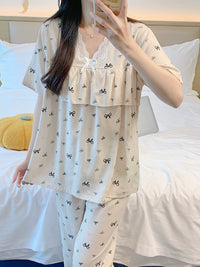 Women's Cotton Blend Short Sleeve Pajama Set with Long Pants, Princess Style, Anti-Bump Design