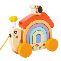 Wooden Pull-Along Snail Rainbow Stacking Blocks Toy for Toddlers
