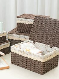 Woven Storage Basket with Lid for Desk, Snacks, Cosmetics, and Sundries