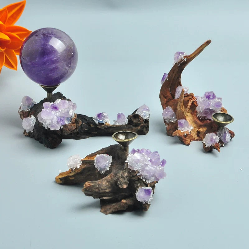 Retro Petrified Wood Crystal Ball Stand with Single Head Base for Home Decor