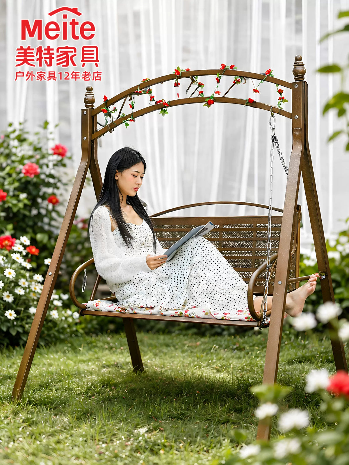 Outdoor Patio Wrought Iron Double Swing Chair with Stand, Garden Balcony Hanging Basket Hammock