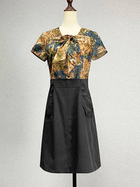 Women's Mid-Length Black Short Sleeve A-Line Dress with Bowknot Detail