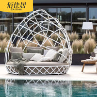 Outdoor Rattan Woven Hanging Basket Swing Chair and Round Daybed Set for Patio Garden