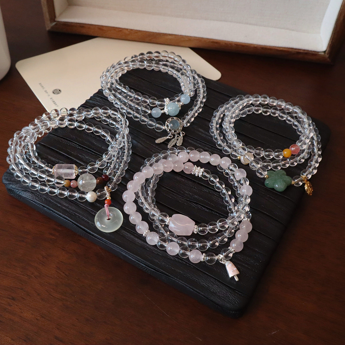 Natural Rose Quartz and White Crystal Triple-Wrap Bracelet with Peace Buckle Charm