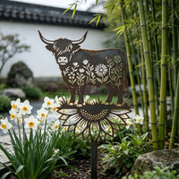 Vintage Highland Cow Floral Garden Metal Floor Sign Outdoor Decor