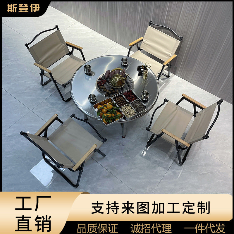 Portable Outdoor Camping Tea Table Set with Folding Stainless Steel Table and Kermit Chairs
