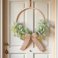 Autumn Bunny Ear Leaf Wood Bead Wreath with Bow for Door & Wall Decor